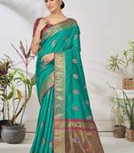 Turquoise woven lycra saree with blouse
