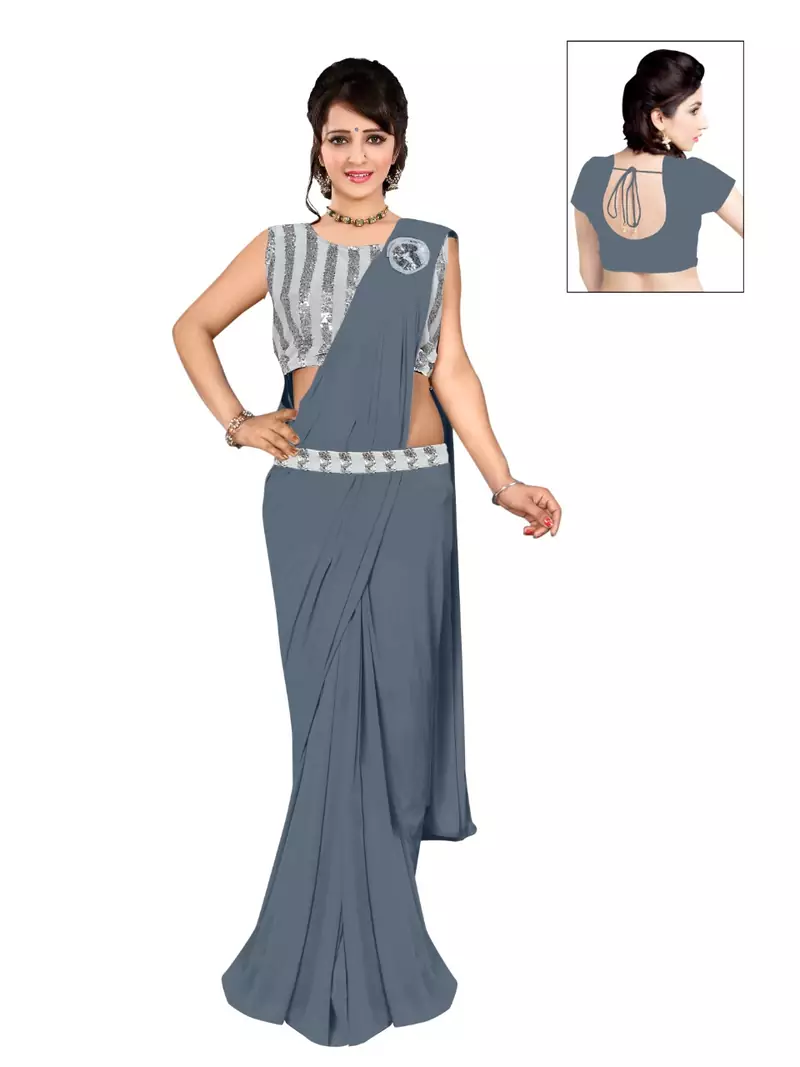 Grey Ready To Wear Stitching Blouse With Broach And Belt And Sequence Blouse