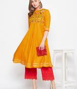 Mustard embroidered rayon long-kurtis