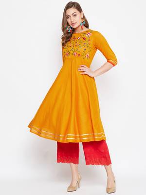 Mustard embroidered rayon long-kurtis 2
