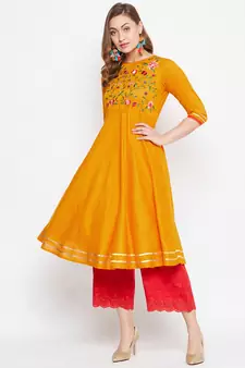 Mustard embroidered rayon long-kurtis