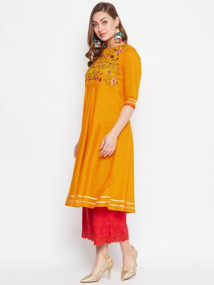 Mustard embroidered rayon long-kurtis 3