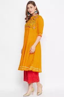 Mustard embroidered rayon long-kurtis