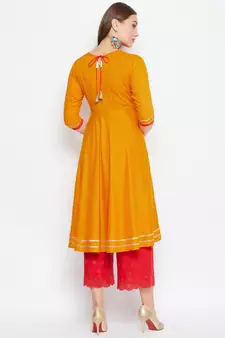 Mustard embroidered rayon long-kurtis