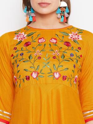 Mustard embroidered rayon long-kurtis 5