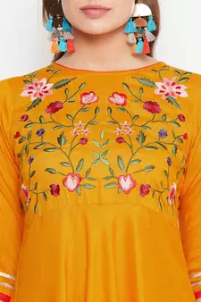 Mustard embroidered rayon long-kurtis