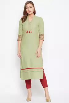 Green embroidered rayon long-kurtis