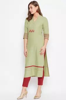 Green embroidered rayon long-kurtis