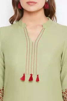 Green embroidered rayon long-kurtis