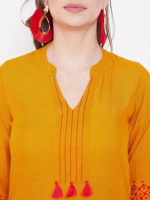 Mustard embroidered rayon long-kurtis 3