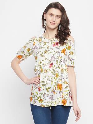White Color Floral Printed Rayon Top 1