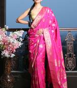 Dark pink woven silk saree with blouse