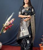 Black hand woven kanchipuram silk saree with blouse