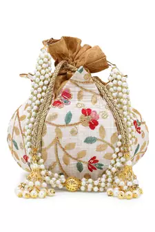Lotus Cream & Multi Faux Silk Floral Embroidered Potli