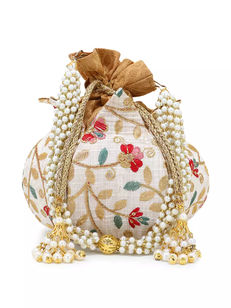 Lotus Cream & Multi Faux Silk Floral Embroidered Potli