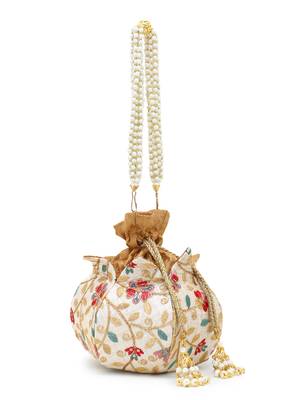 Lotus Cream & Multi Faux Silk Floral Embroidered Potli 2