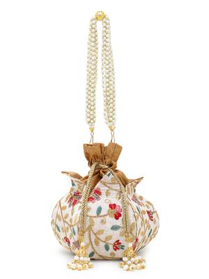 Lotus Cream & Multi Faux Silk Floral Embroidered Potli 5