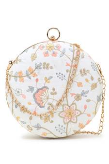 Gala Cream & Multi Faux Silk Floral Embroidered Round Clutch
