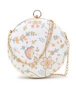 Gala Cream & Multi Faux Silk Floral Embroidered Round Clutch