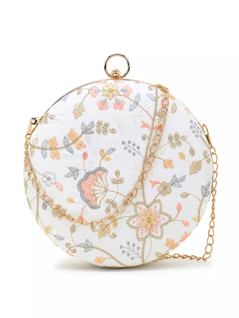 Gala Cream & Multi Faux Silk Floral Embroidered Round Clutch