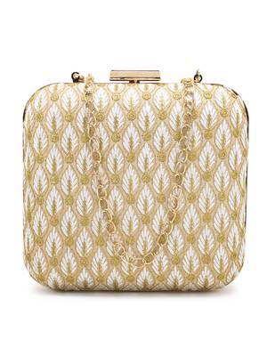 Vista White & Gold Faux Silk Zari Embroidered Square Clutch 1