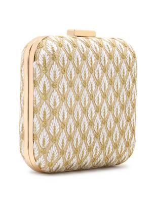 Vista White & Gold Faux Silk Zari Embroidered Square Clutch 2