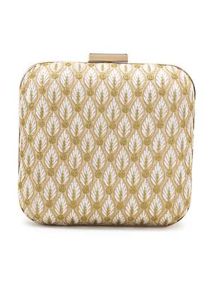 Vista White & Gold Faux Silk Zari Embroidered Square Clutch 3