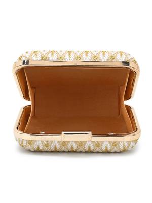 Vista White & Gold Faux Silk Zari Embroidered Square Clutch 4