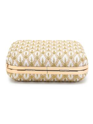 Vista White & Gold Faux Silk Zari Embroidered Square Clutch 5