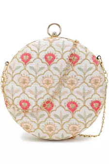 Gala Beige & Multi Faux Silk Ethnic Motifs Embroidered Round Clutch