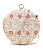 Gala Beige & Multi Faux Silk Ethnic Motifs Embroidered Round Clutch
