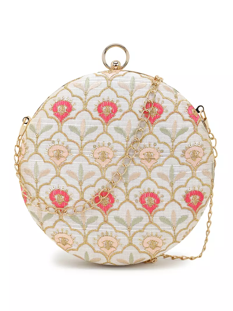 Gala Beige & Multi Faux Silk Ethnic Motifs Embroidered Round Clutch