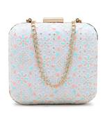 Vista White & Multi Faux Silk Floral Embroidered Square Clutch