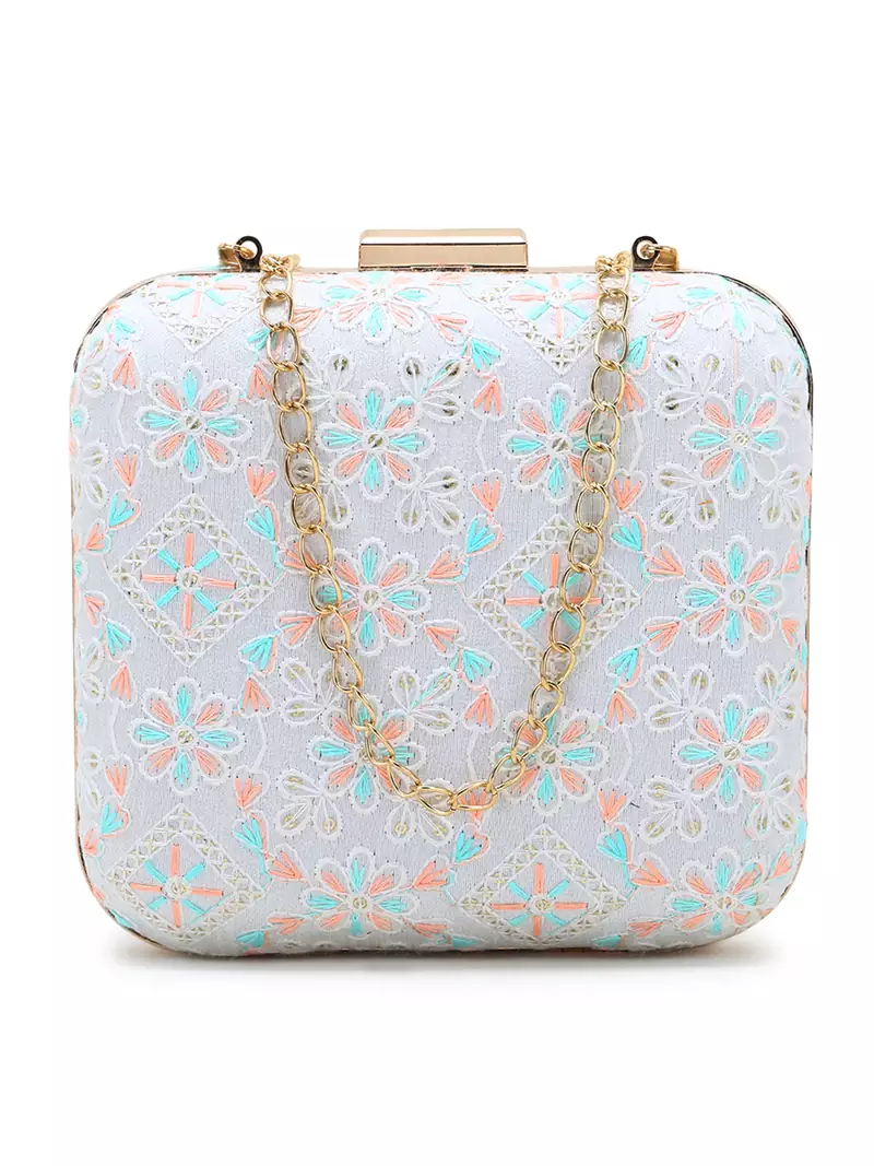Vista White & Multi Faux Silk Floral Embroidered Square Clutch