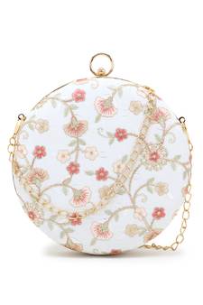 Gala Natural & Multi Faux Silk Floral Embroidered Round Clutch