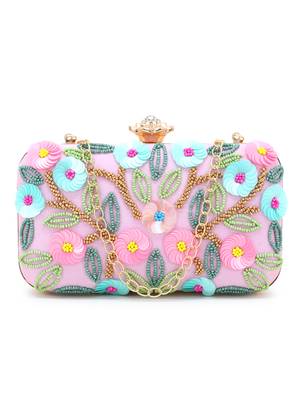 Adorn Pink & Multi Faux Silk Floral Sequinned Clutch 1