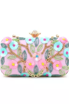 Adorn Pink & Multi Faux Silk Floral Sequinned Clutch