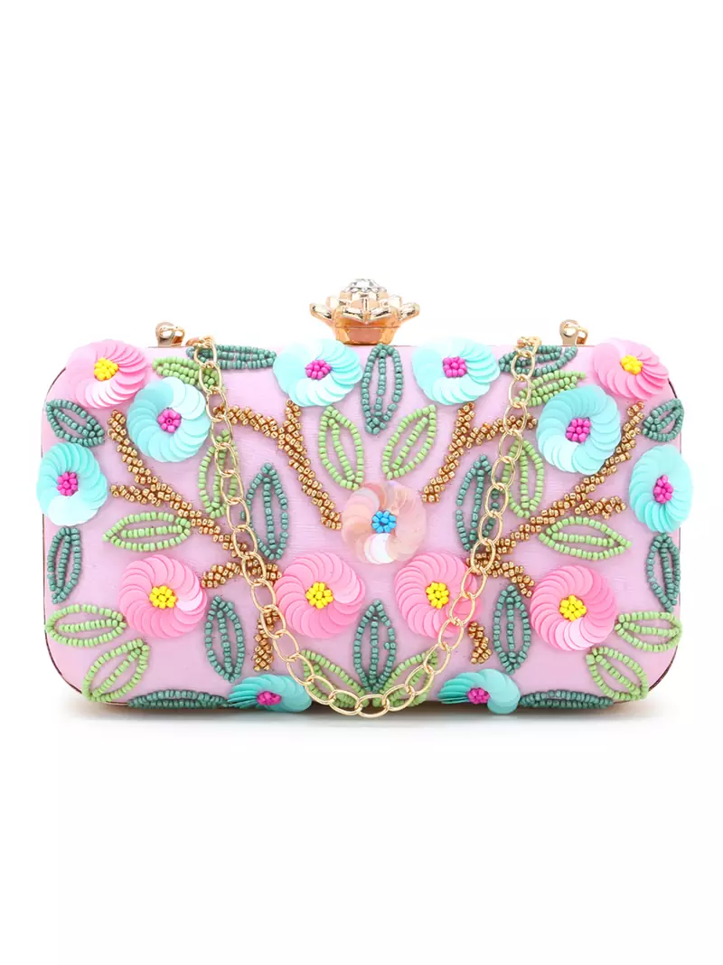 Adorn Pink & Multi Faux Silk Floral Sequinned Clutch