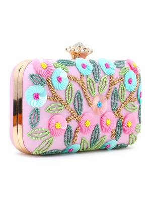 Adorn Pink & Multi Faux Silk Floral Sequinned Clutch 2