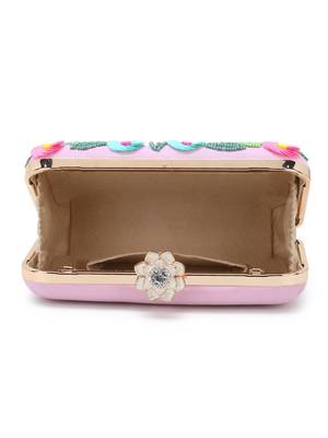 Adorn Pink & Multi Faux Silk Floral Sequinned Clutch 4