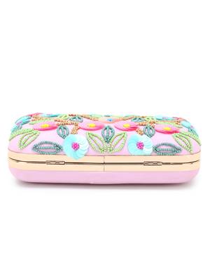 Adorn Pink & Multi Faux Silk Floral Sequinned Clutch 5