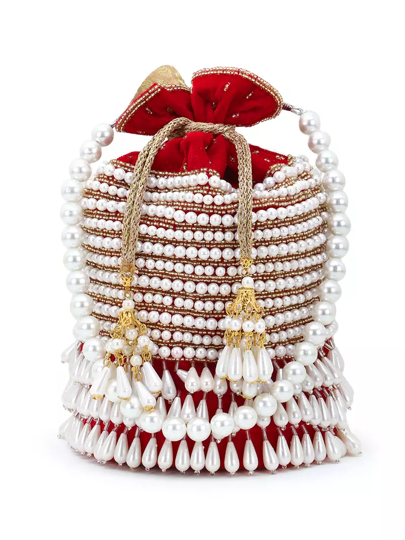 Glitz Red & White Velvet Beaded Potli
