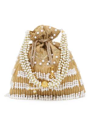Glitz Gold & White Faux Silk Beaded Potli 1
