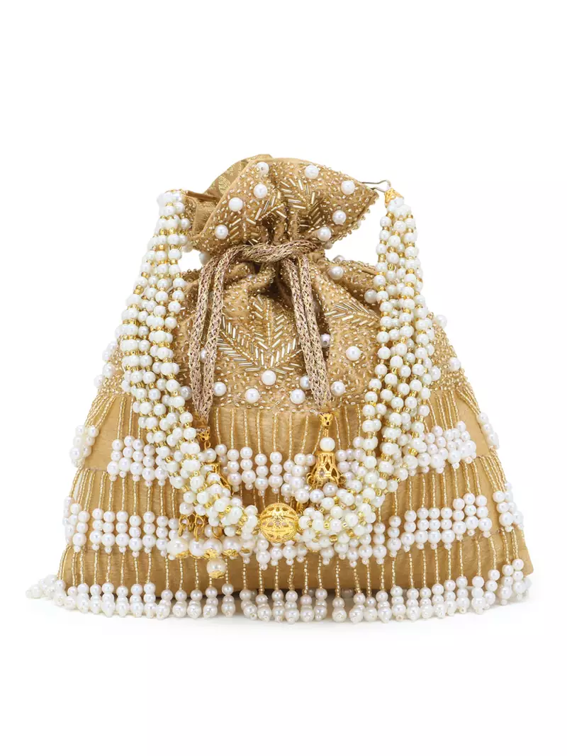 Glitz Gold & White Faux Silk Beaded Potli