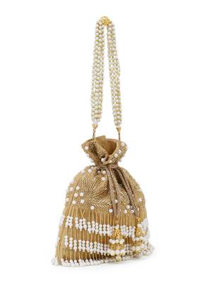 Glitz Gold & White Faux Silk Beaded Potli 3