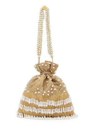 Glitz Gold & White Faux Silk Beaded Potli 4