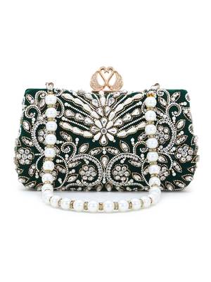 Adorn Dark Green & White Velvet Beaded Clutch 1