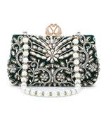 Adorn Dark Green & White Velvet Beaded Clutch