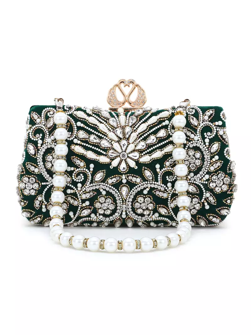 Adorn Dark Green & White Velvet Beaded Clutch