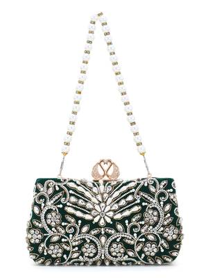 Adorn Dark Green & White Velvet Beaded Clutch 2